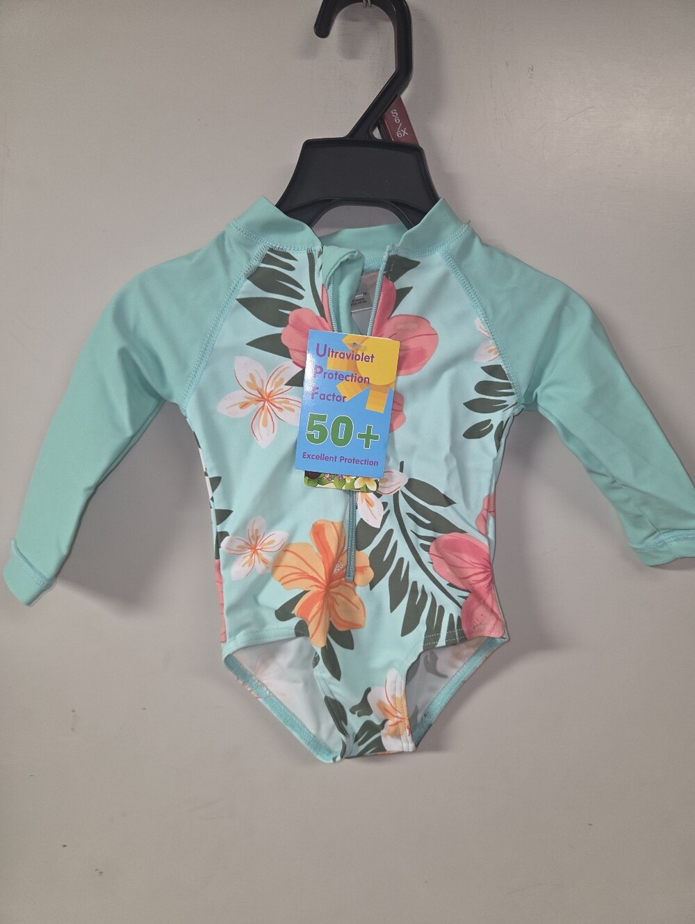 Girls' Mint Floral Long-Sleeve UPF 50+ Rash Guard Swimsuit